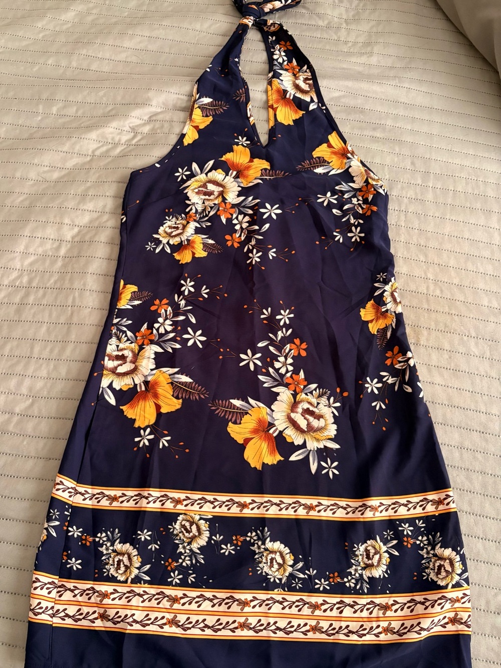 Cupshe Navy Floral Halter Dress with Yellow & Orange Accents